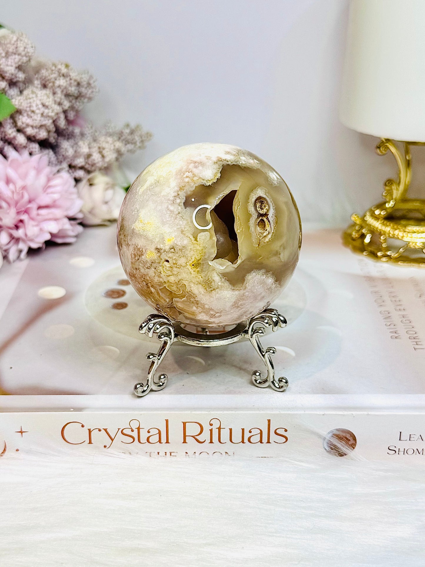 Druzy Flower Agate Sphere on Stand 301g