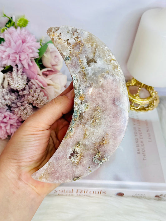 Large Chunky 15cm Druzy Pink Amethyst Carved Moon From Brazil