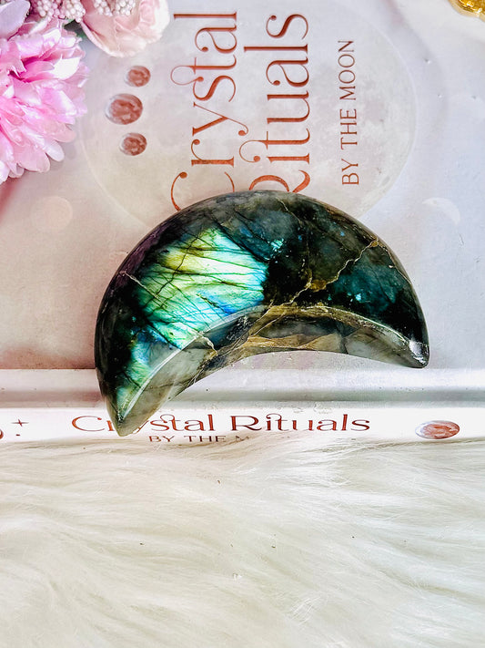 Beautiful Chunky 8cm Labradorite Carved Moon with Blue Flash