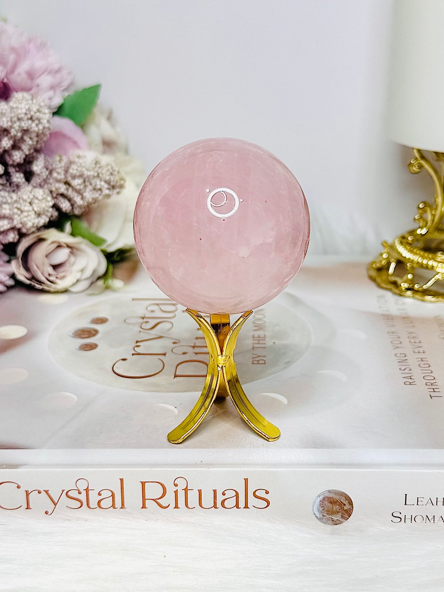 Rose Quartz Sphere with Rainbows on Stand 186g