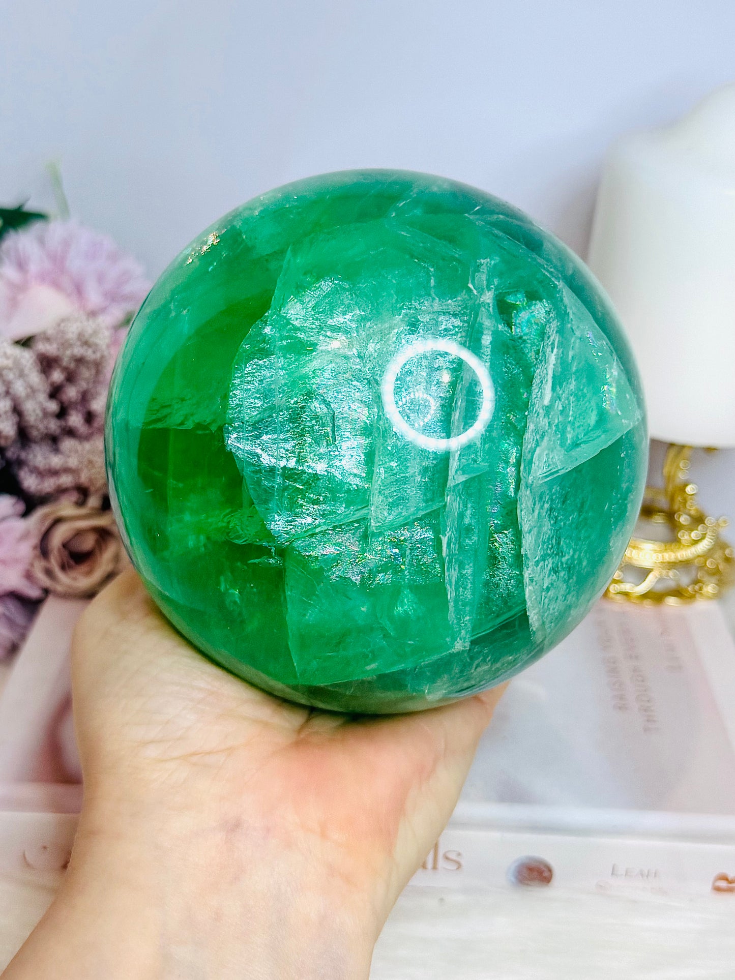 Huge High Grade Green Fluorite Sphere with Rainbows on Stand 2.4KG