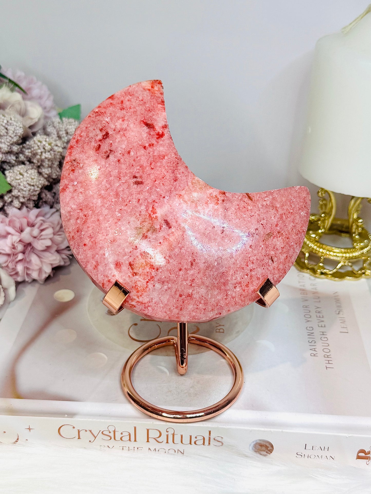 Large Rare Thulite with Epidote Carved Moon on Stand 418g (Moon 11cm)