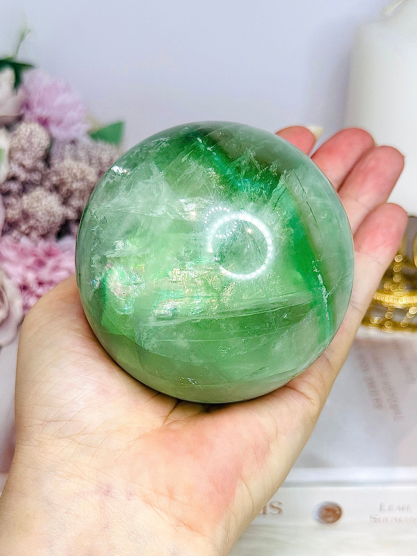 Large Green Fluorite Sphere Full of Rainbows 777g