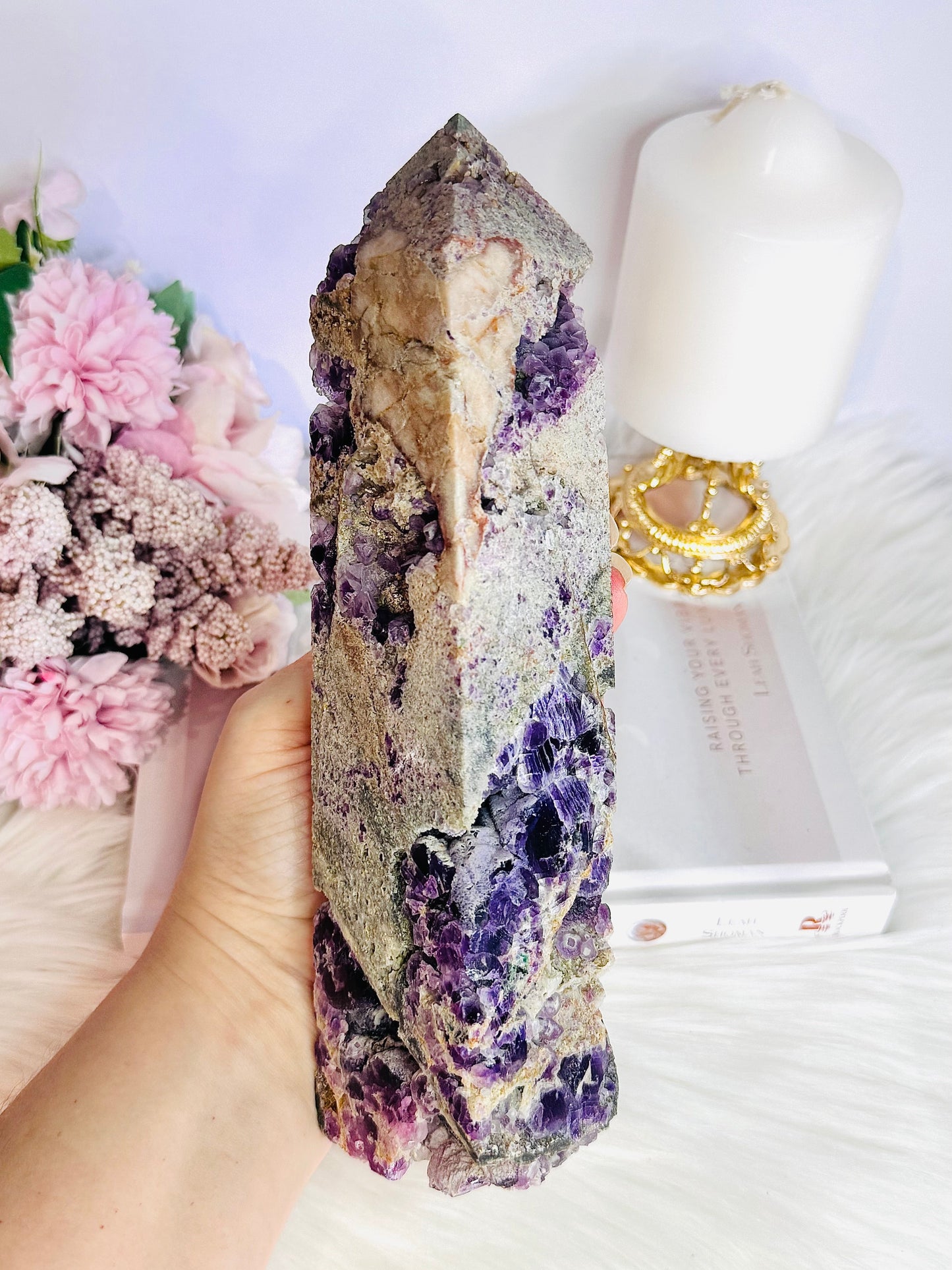 Huge Purple Cubed Fluorite in Matrix Carved Tower | Generator 22.5cm