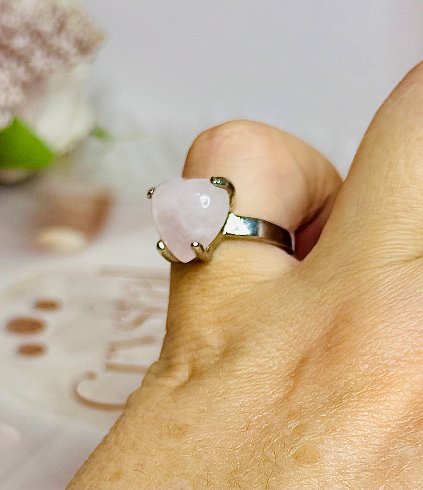 Rose Quartz Heart Sterling Silver Ring Size 6