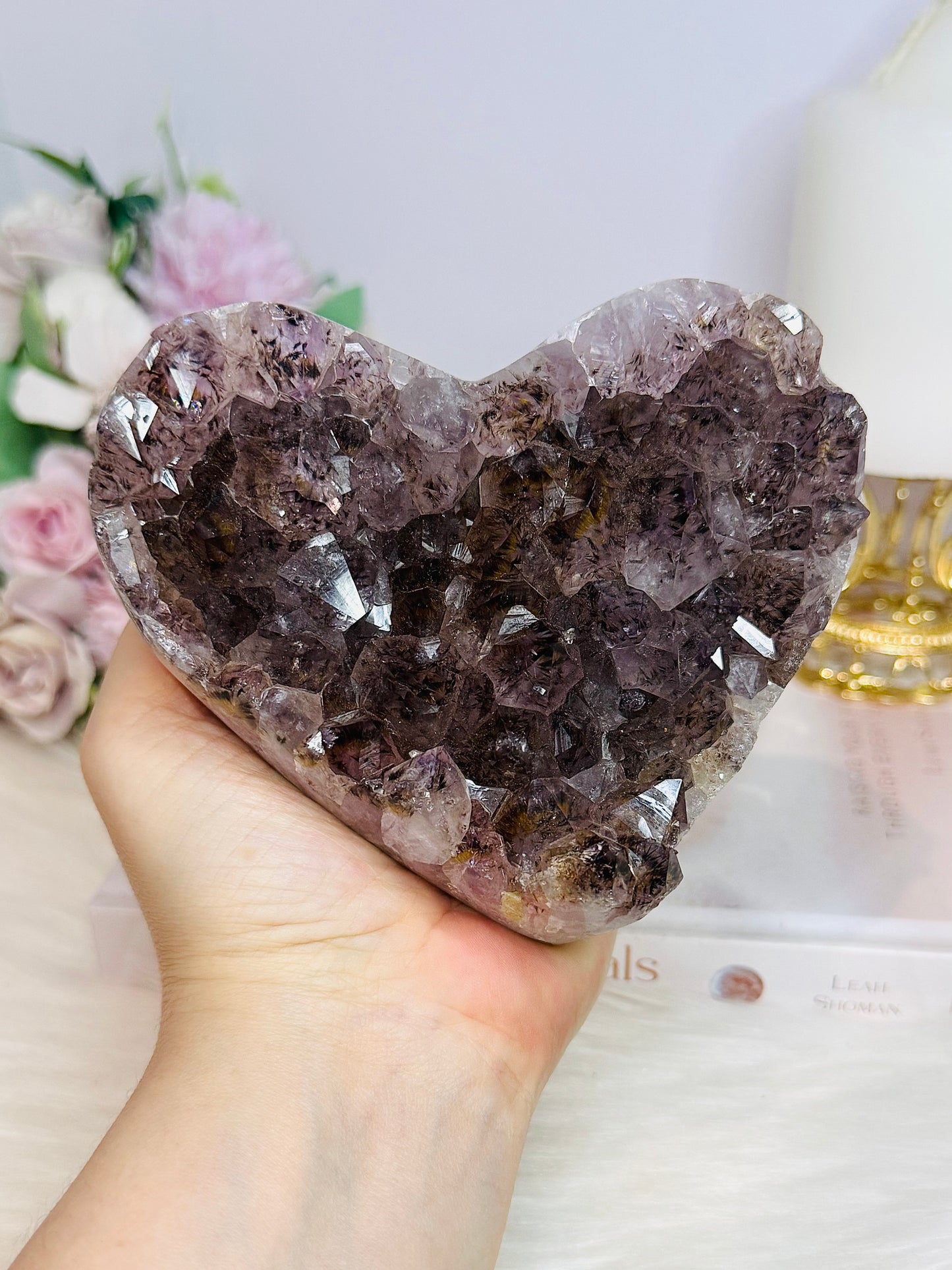 Large Natural Amethyst Carved Chunky Heart 944g with Goethite Inclusions