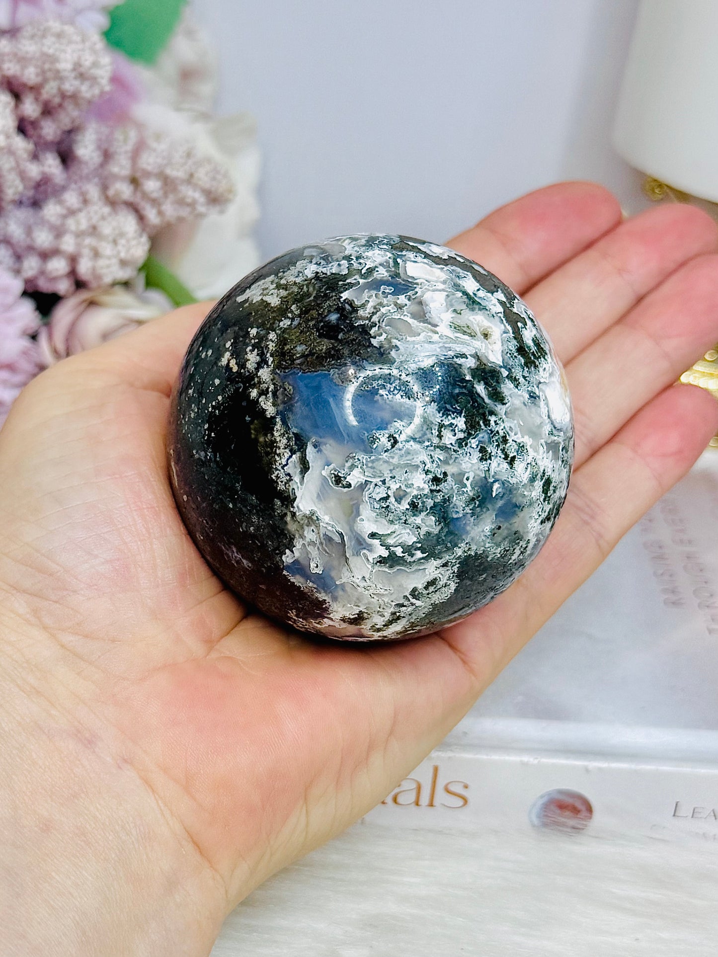 Moss Agate Sphere on Stand 368g