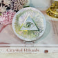 Amazing Selenite Slab with Gold Evil Eye Carving on Stand 8cm