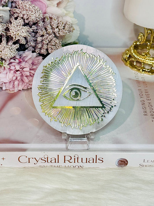 Amazing Selenite Slab with Gold Evil Eye Carving on Stand 8cm