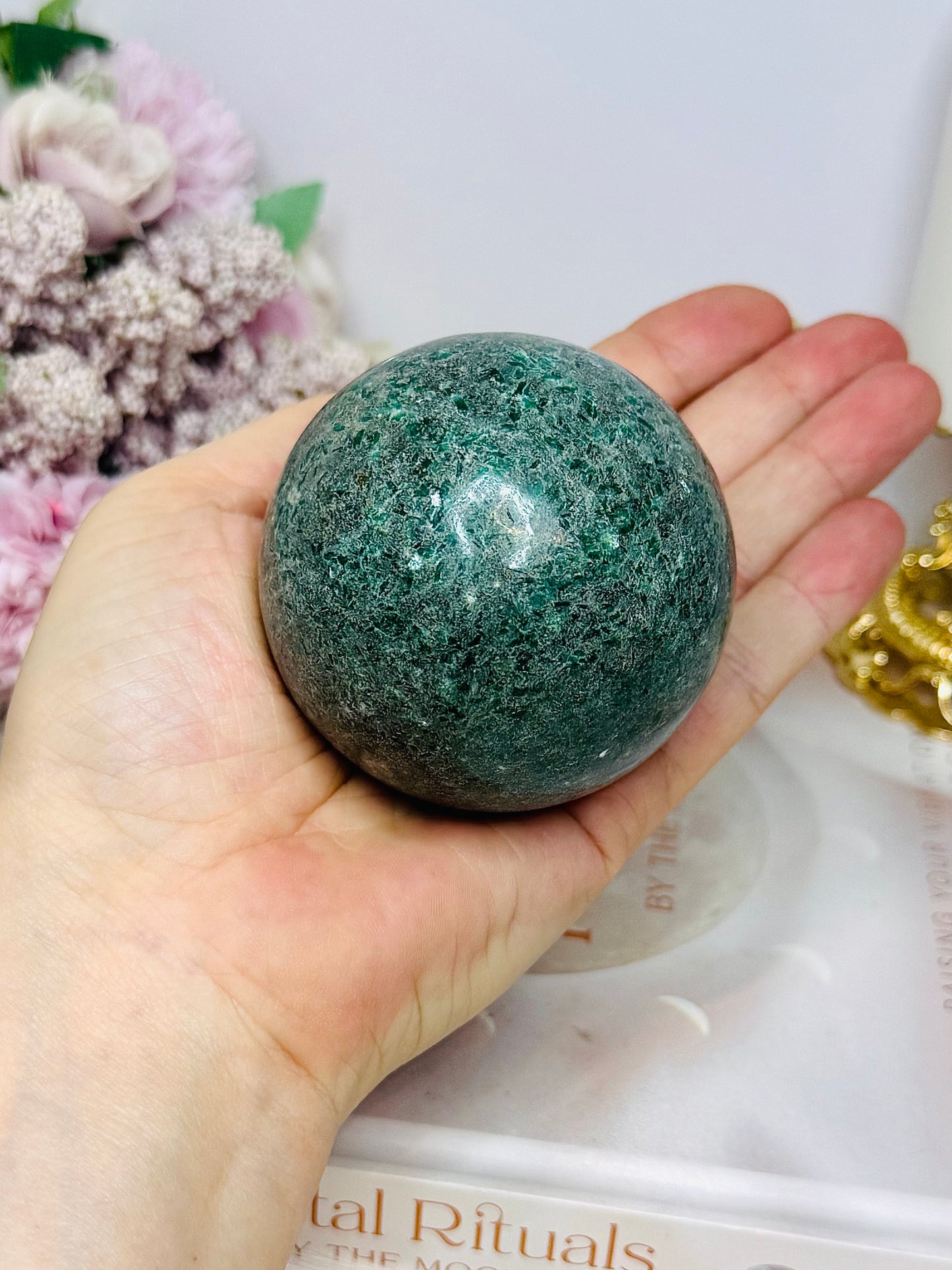 Large Green Fuchsite Sphere on Stand 380g
