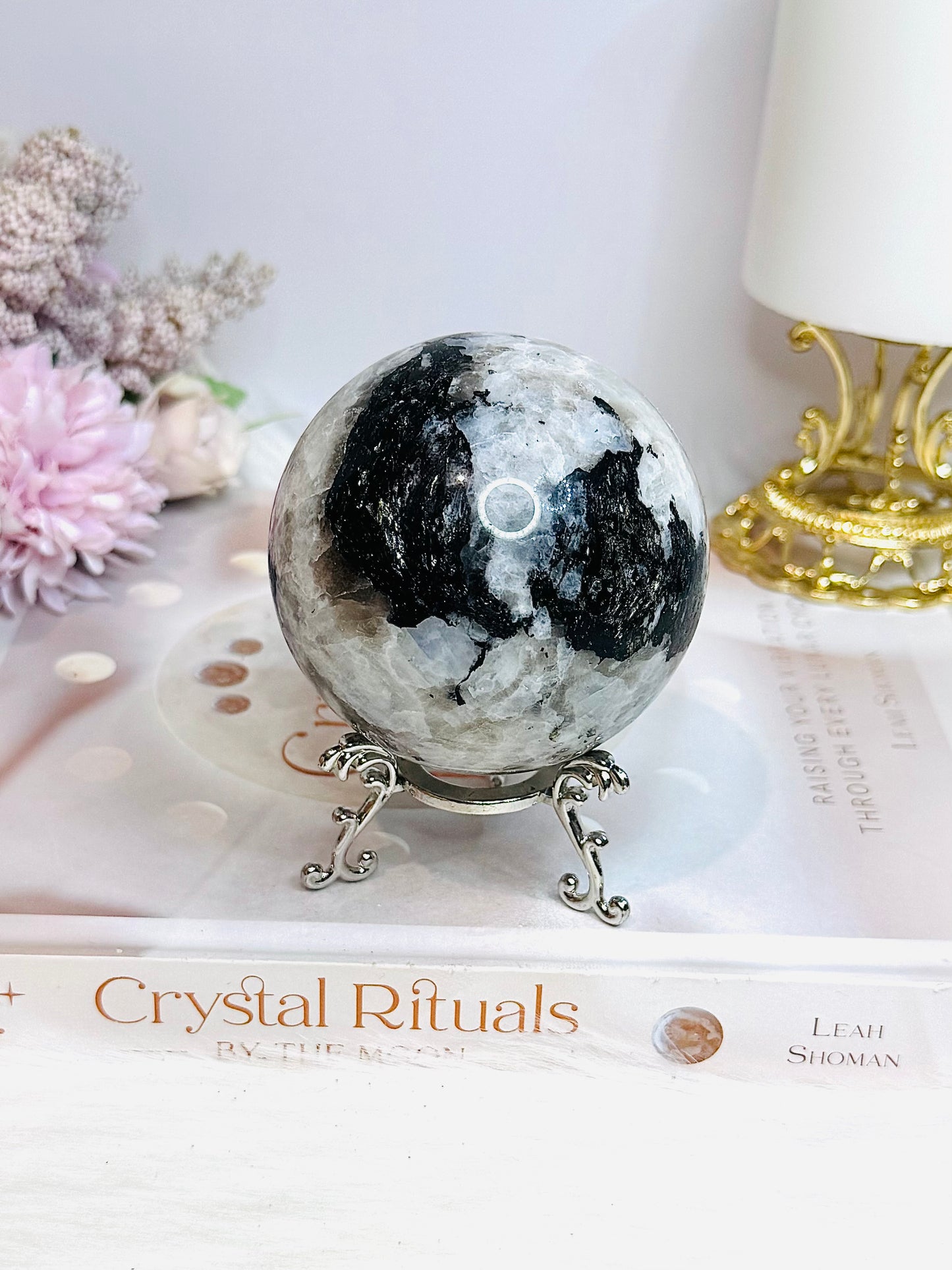 Large Rainbow Moonstone Sphere with Blue Flash 464g