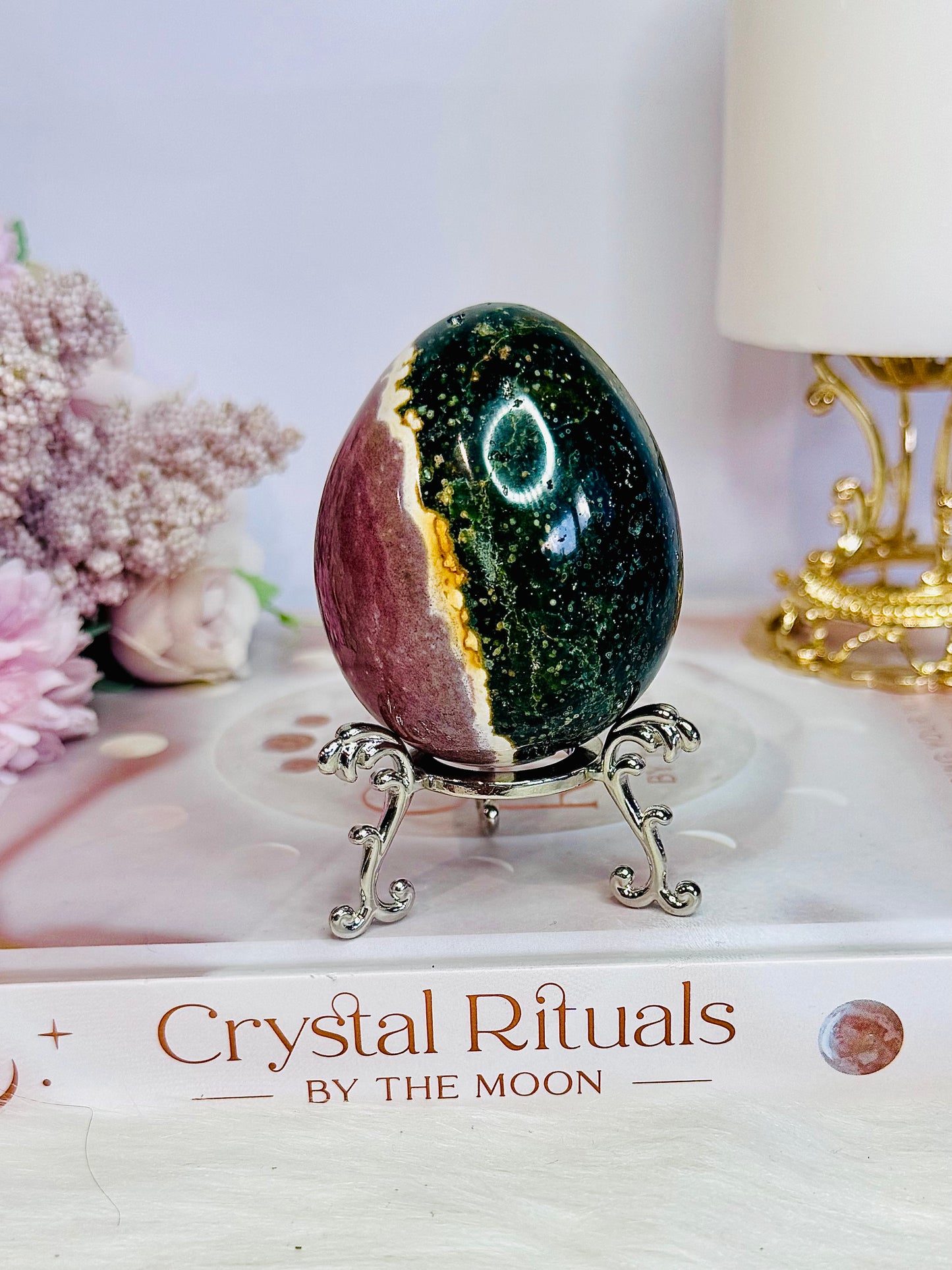 Beautiful Natural Ocean Jasper Carved Egg On Stand