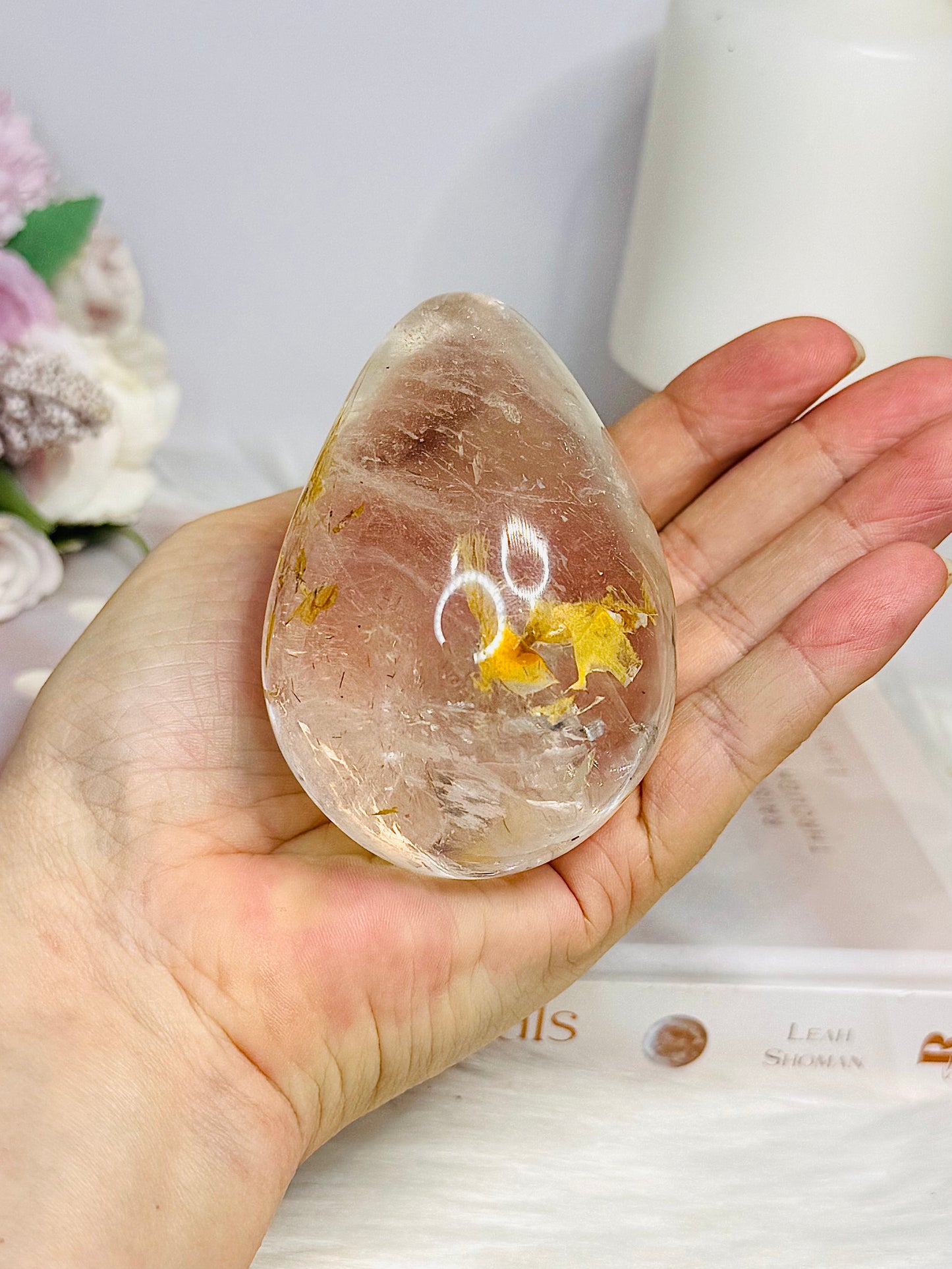 Large Clear Quartz With Golden Healer Inclusions Egg On Stand 7cm 318g