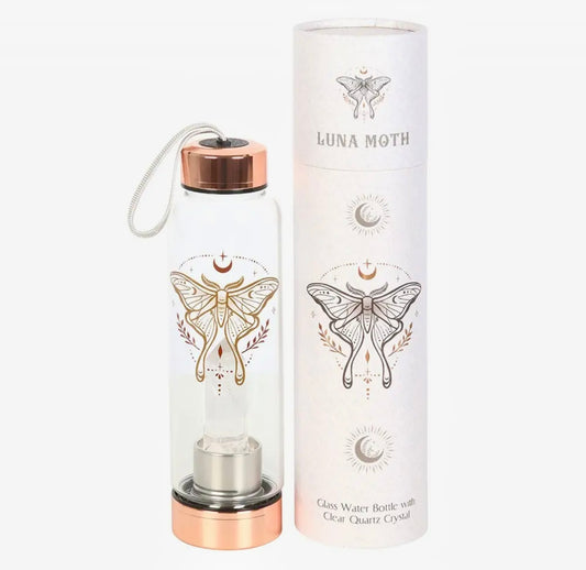 Luna Moth Glass Water Bottle with Clear Quartz Crystal
