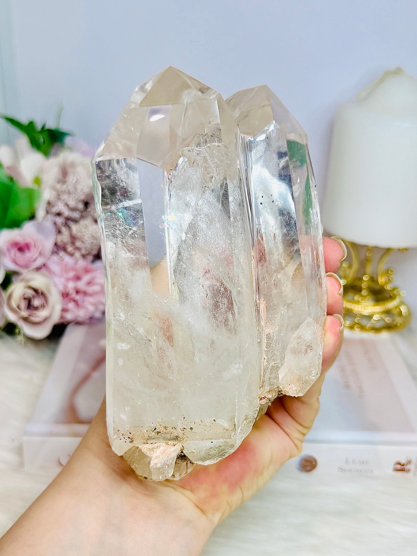 High Grade Clear Quartz Twin | Double Tower with Rainbows on Stand 18cm (on stand) 900g