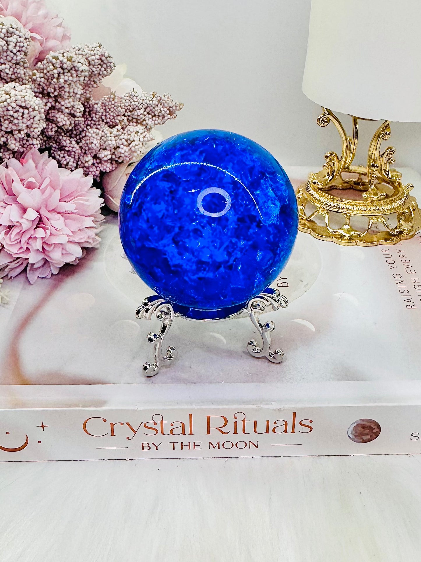 Bright Blue (Dyed) Fire & Ice | Crackle Quartz Sphere on Stand 278grams