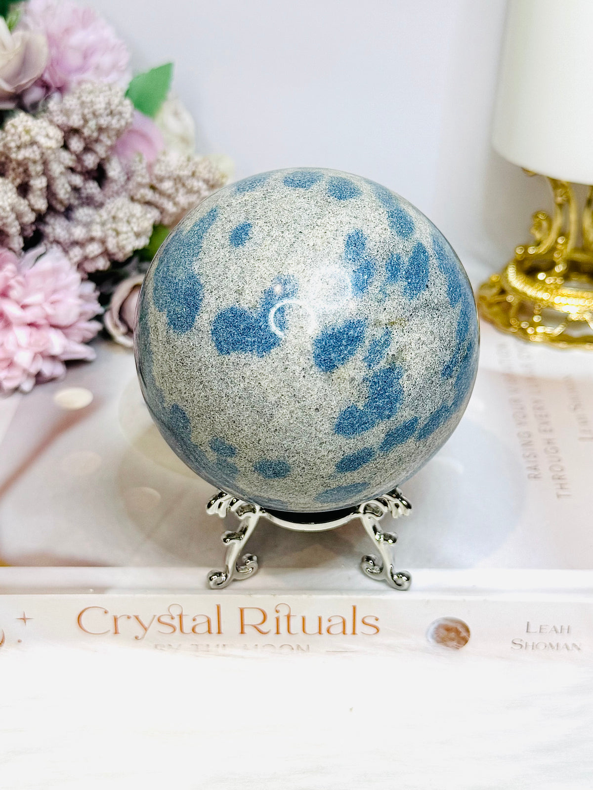 Large K2 Granite with Azurite Sphere On Stand 770g