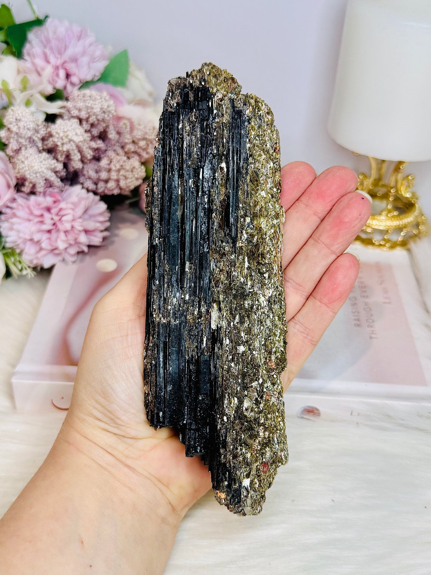 Large Natural Black Tourmaline In Mica Specimen On Stand 18cm 601g