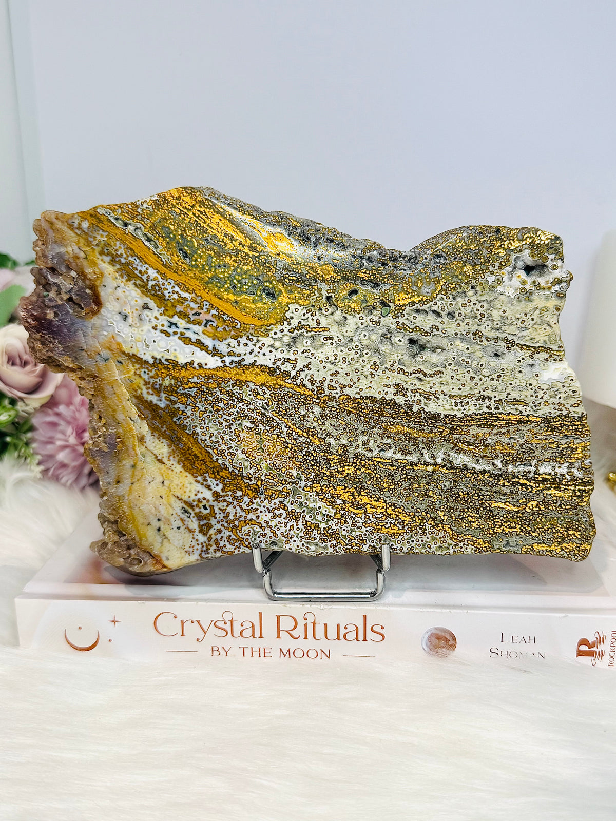 Large High Grade Ocean Jasper Druzy Slab On Stand 18cm 826g