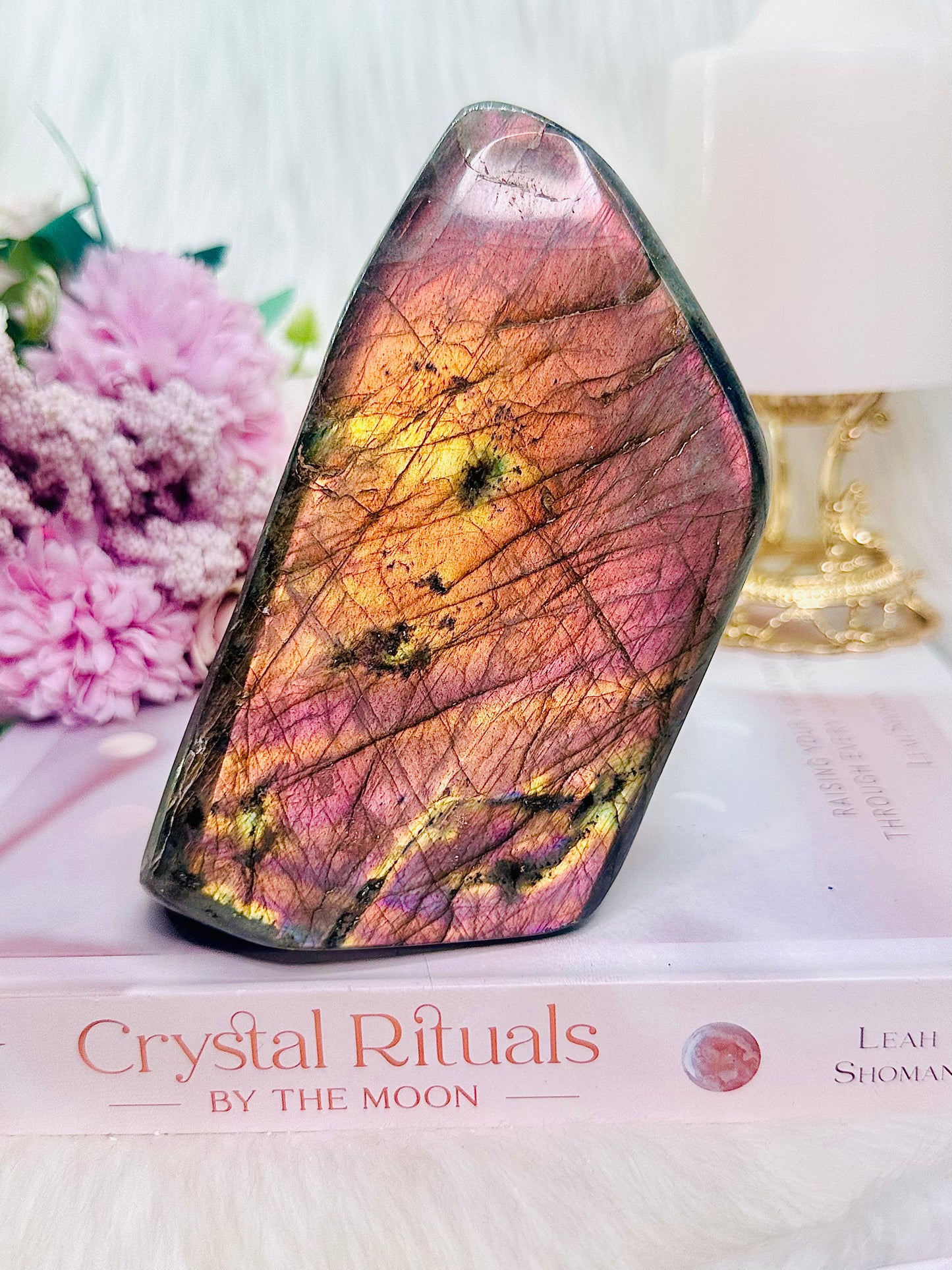 Wow!!!!!!! She Doesn’t Hide Her Flash!!!! Classy & Fabulous Large 742gram Labradorite Polished Freeform with Spectacular Pink Orange & Yellow Flash ~ Truly Divine Piece