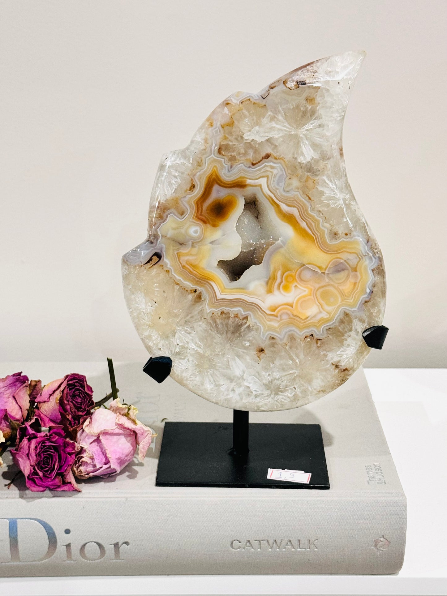 Spectacular Huge Chunky 1.8KG Druzy Agate Carved Flame On Custom Made Stand From Brazil