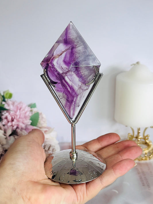 Classy & Fabulous Purple Fluorite Carved Diamond On Silver Stand 15cm