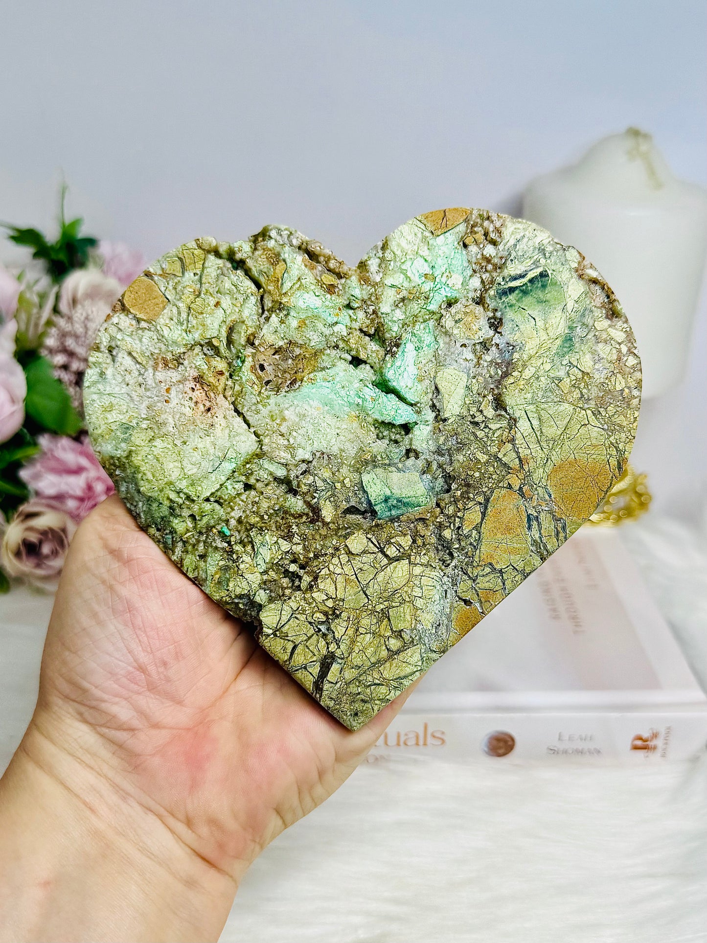 Large Natural Variscite Carved Heart on Stand 12cm