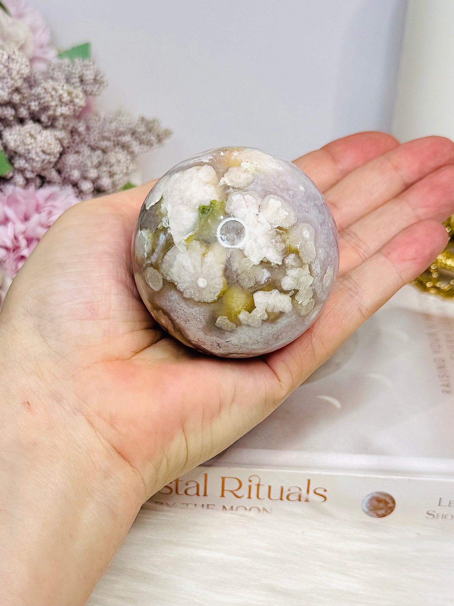 Flower Agate X Amethyst Sphere on Stand 280g