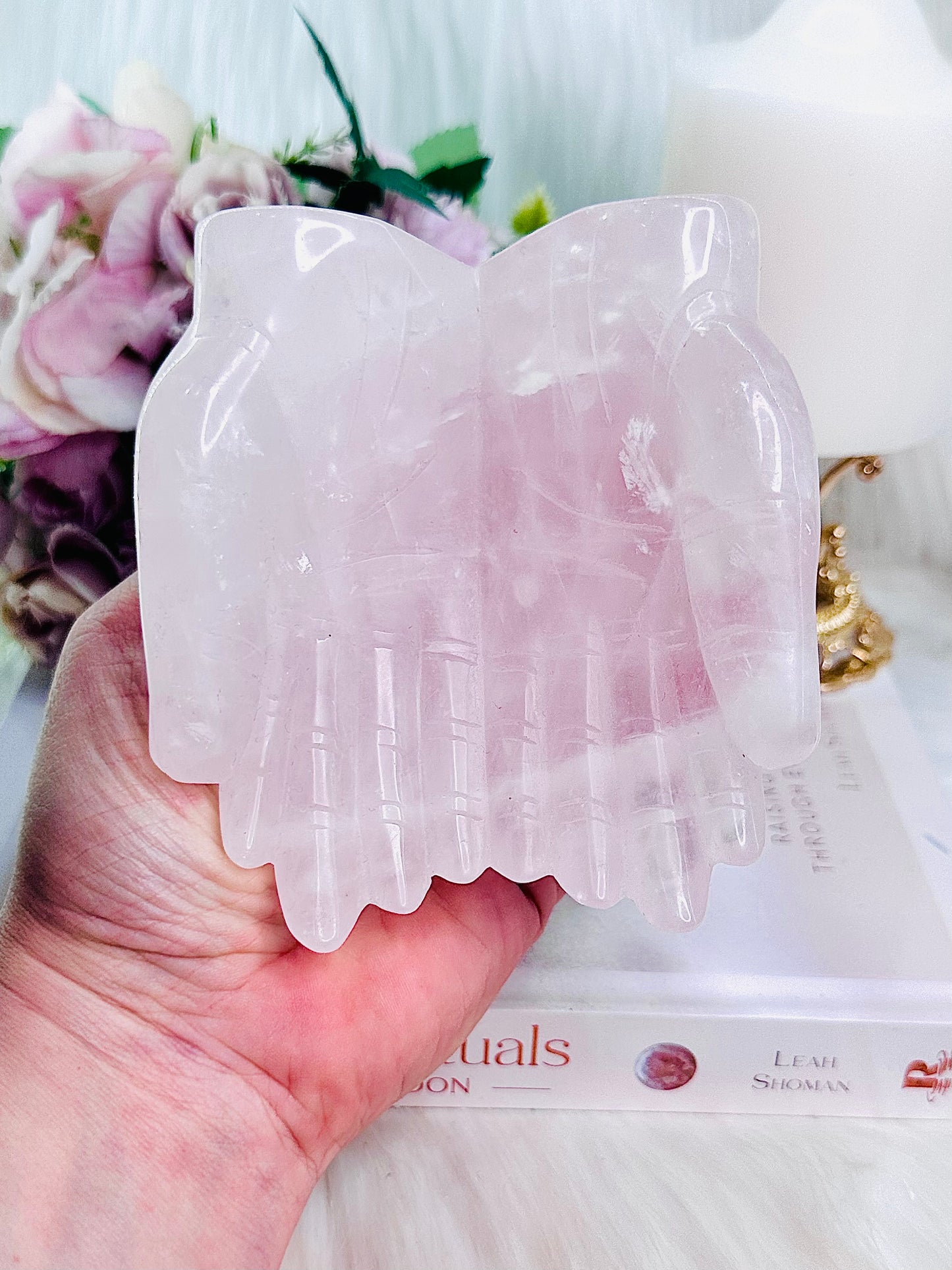 Classy & Fabulous Large 615Grams Rose Quartz Healing Hands Carving Absolutely Gorgeous