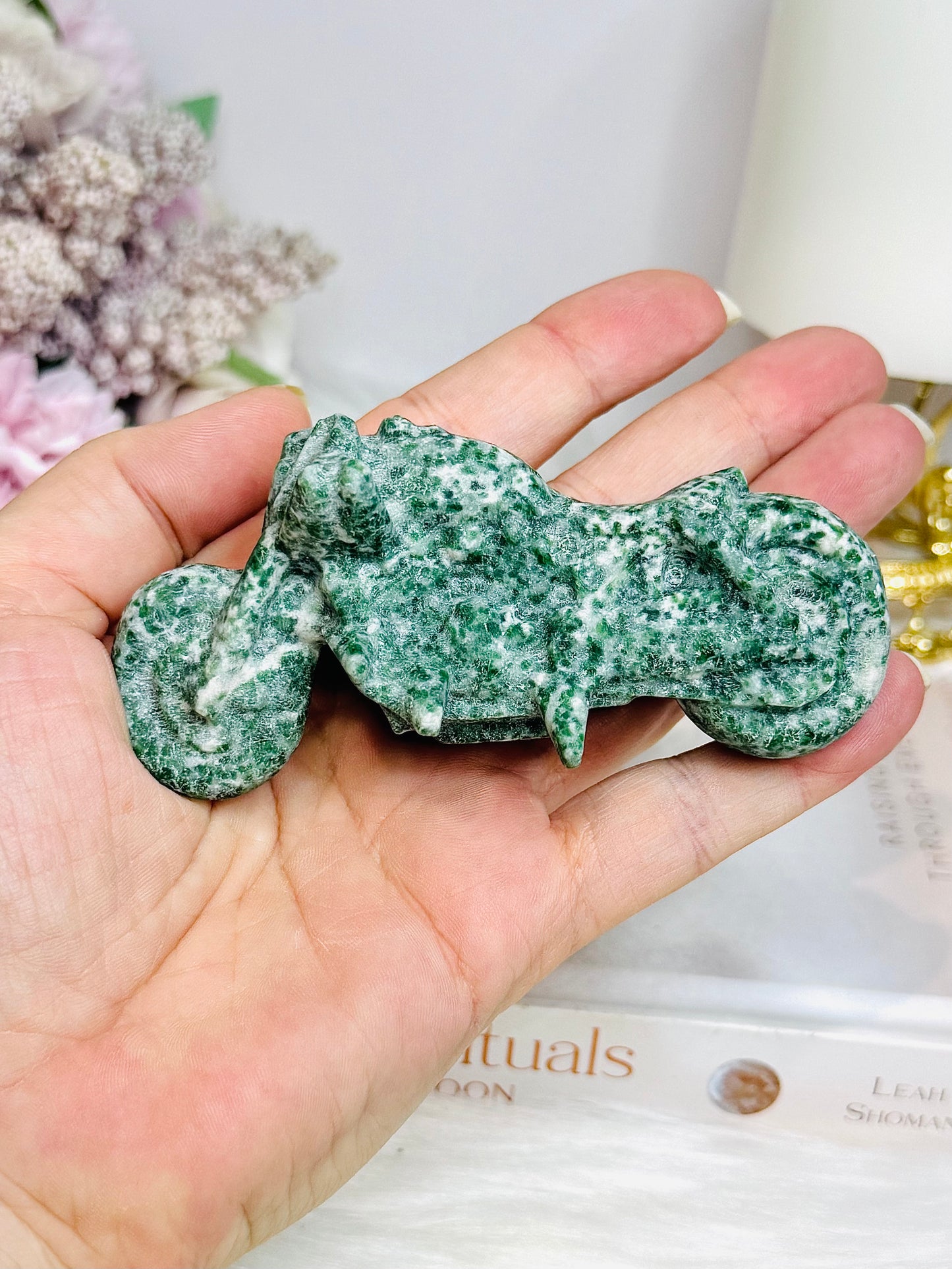 Moss Agate Carved Motorbike 9.5cm