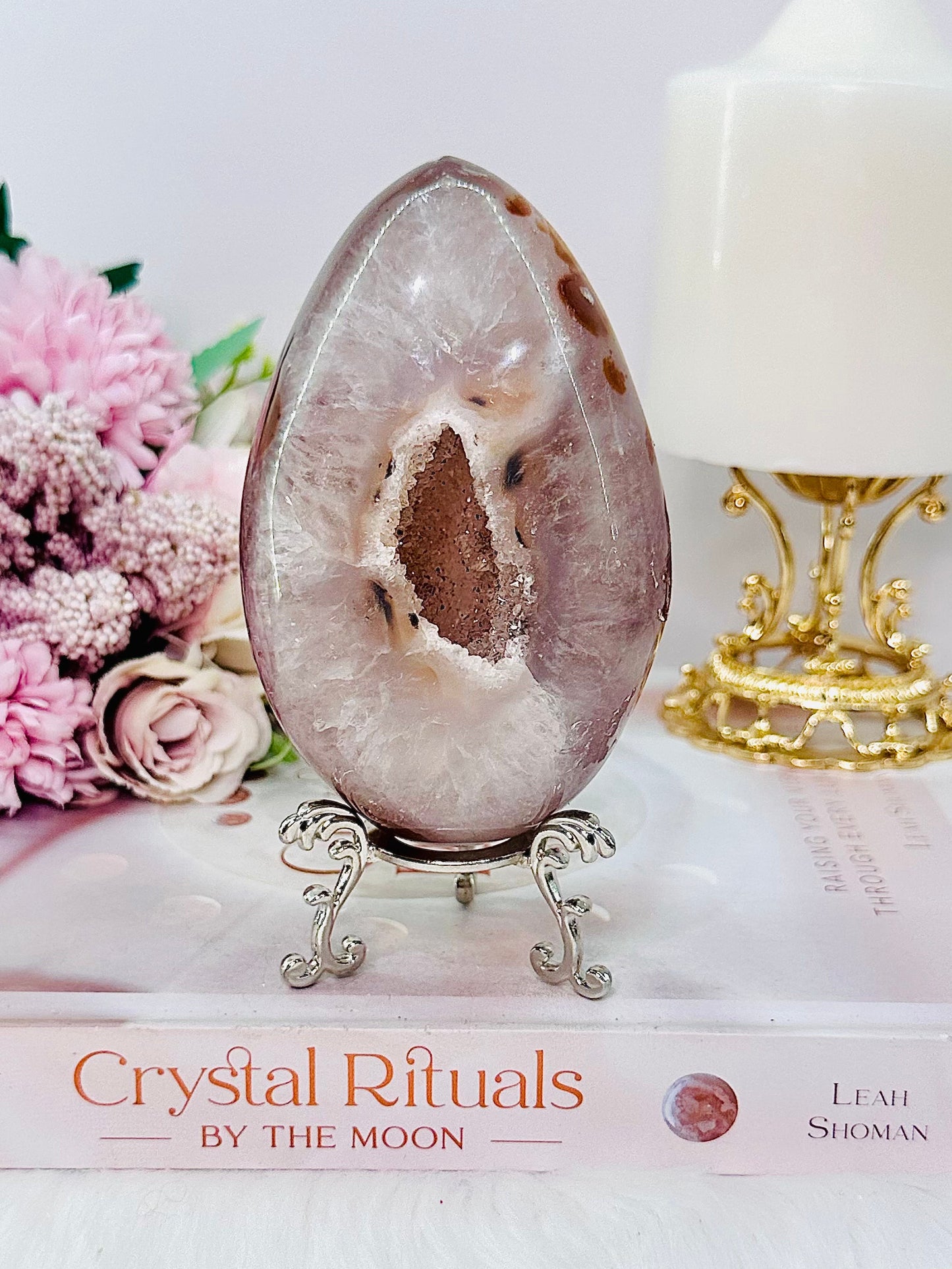 Large 503gram Druzy Agate Carved & Polished Egg On Stand From Brazil