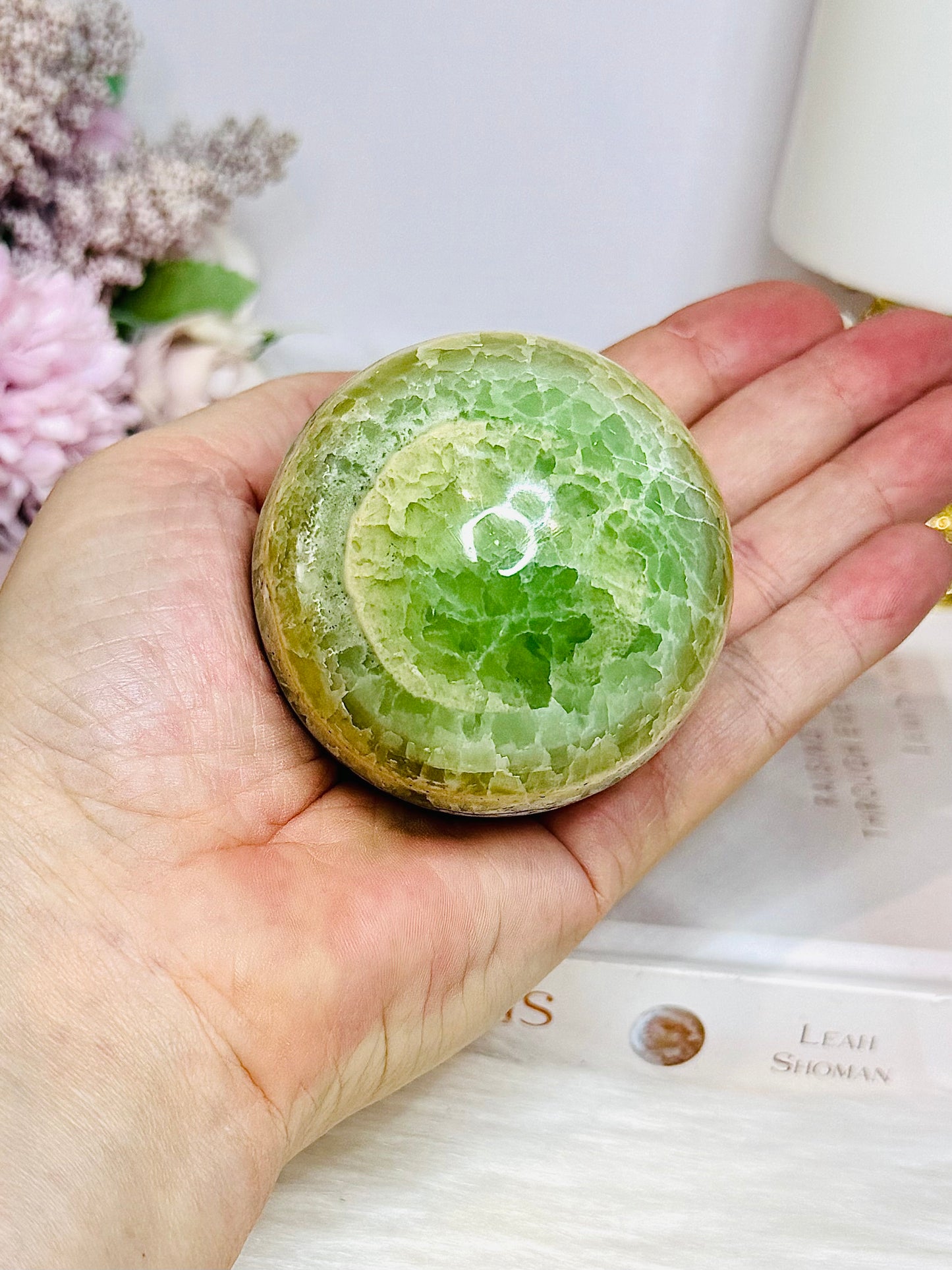 Green Calcite Sphere on Stand 338g