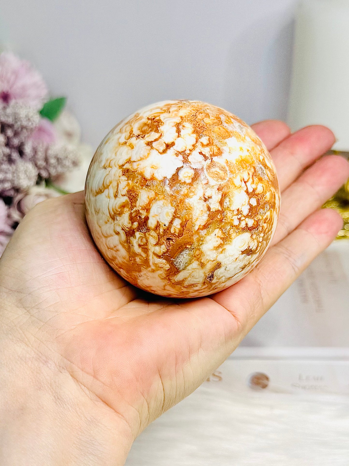 Large Orange Calcite Sphere on Stand 438g