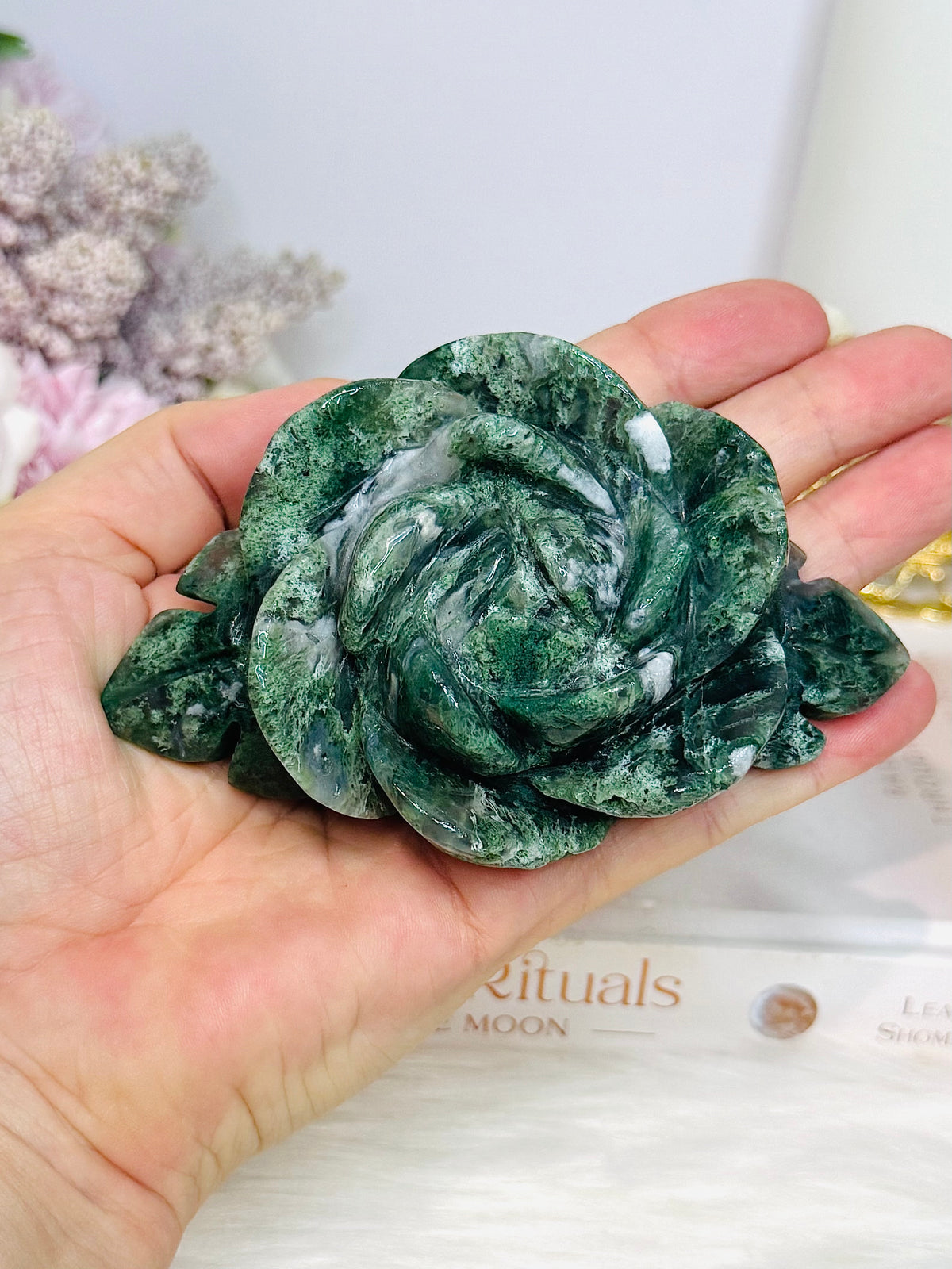 Moss Agate Carved Flower 11cm 209g