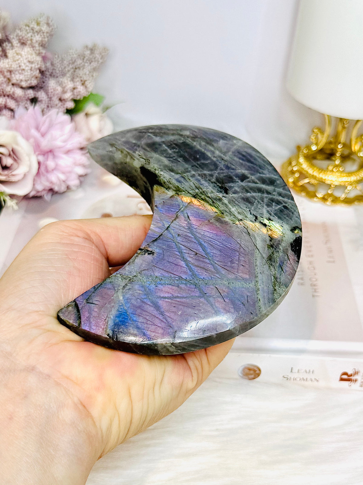 Purple Flash Labradorite Moon on Stand 12cm