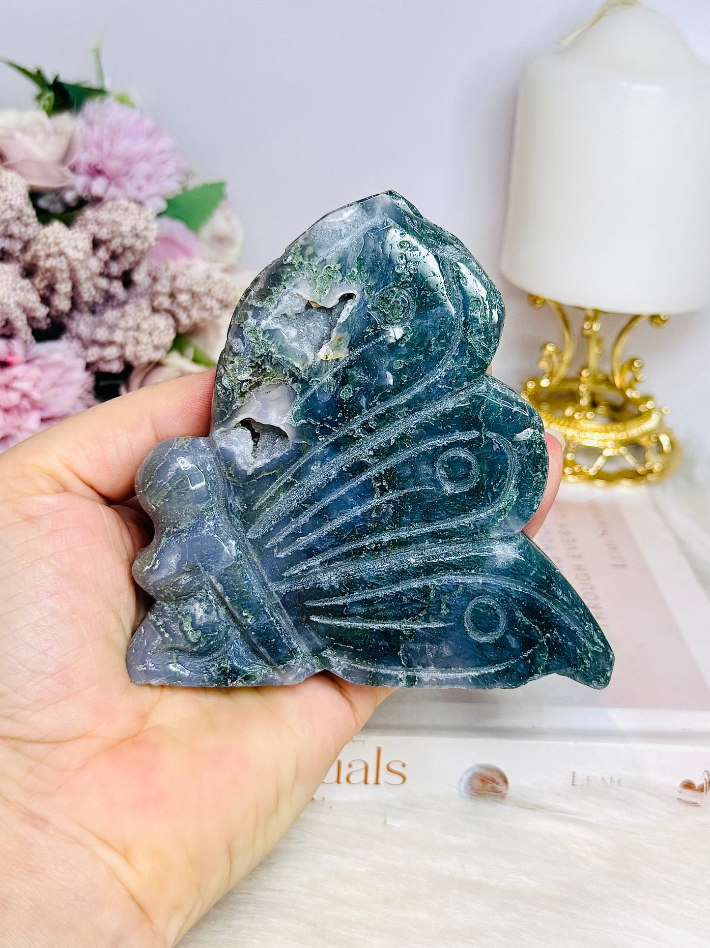Moss Agate Carved Druzy Fairy 10cm