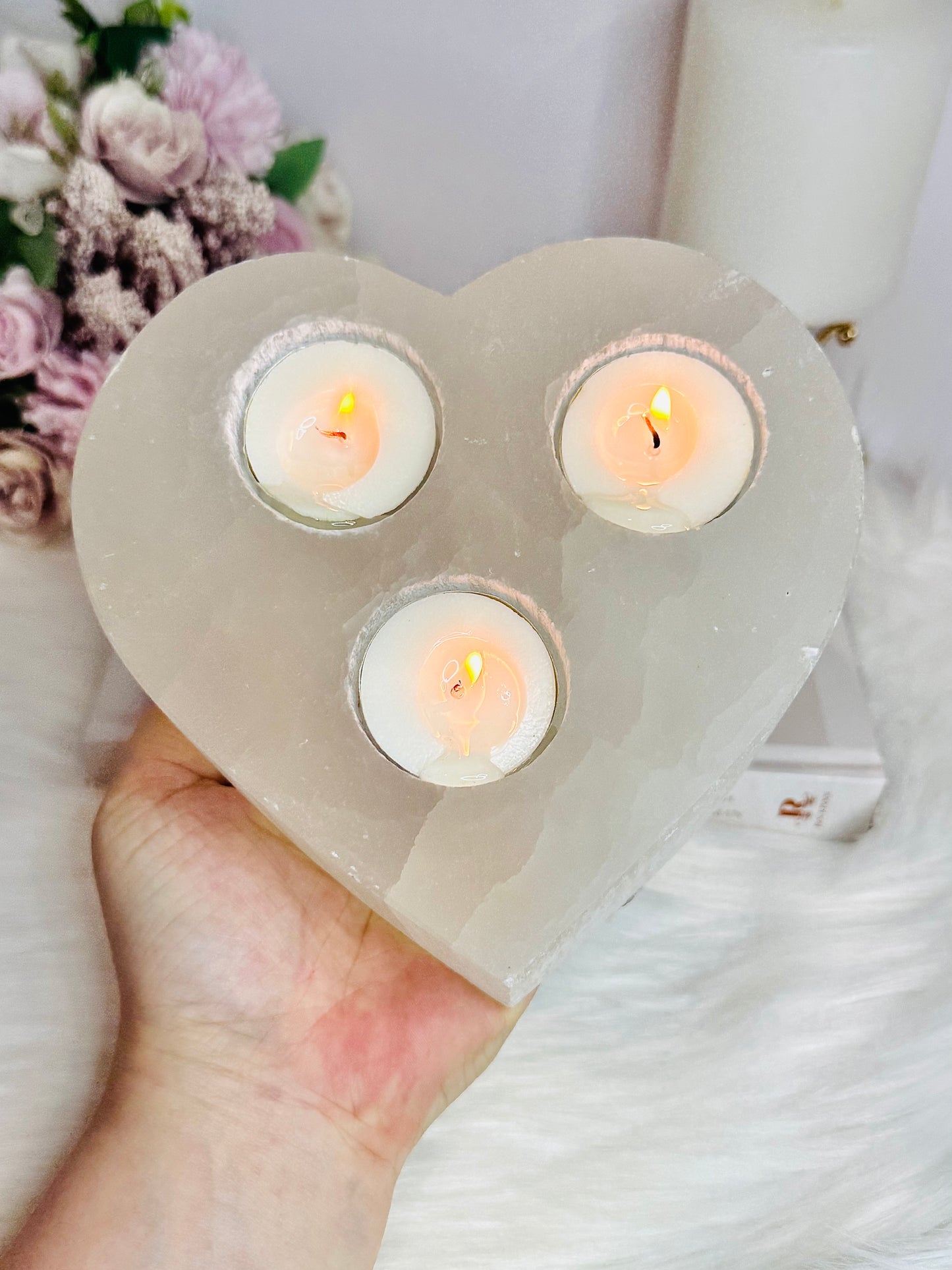 Large Selenite Chunky Triple Candle Heart Holder 1.5KG 15cm