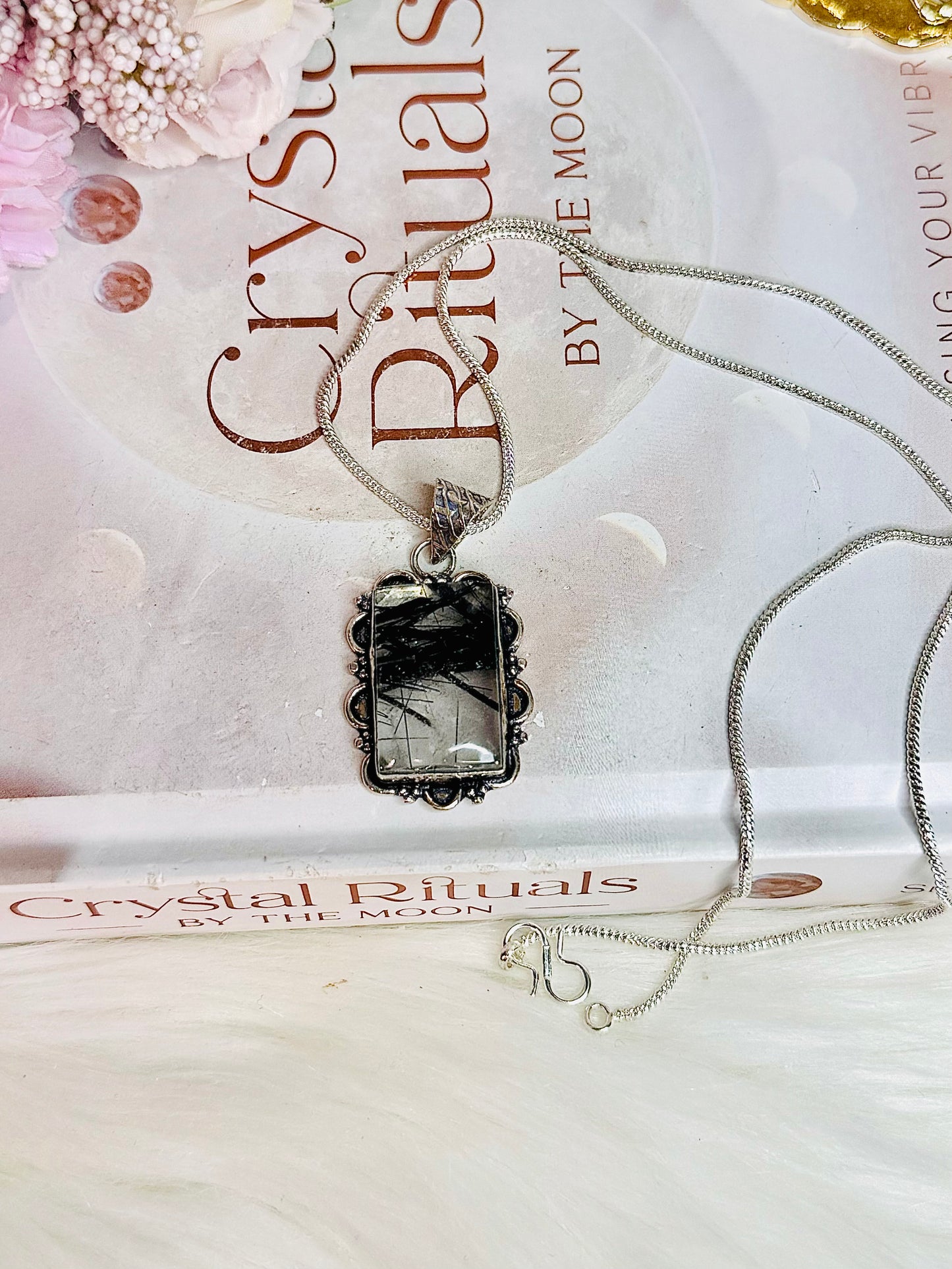 High Grade Black Tourmaline in Quartz Pendant On Silver Chain In Gift Bag