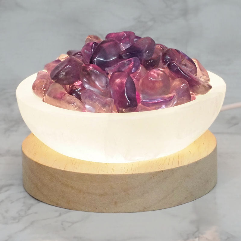 Divine Selenite Fire Bowl / Lamp With Purple Amethyst Polished Tumbles on Large LED Base