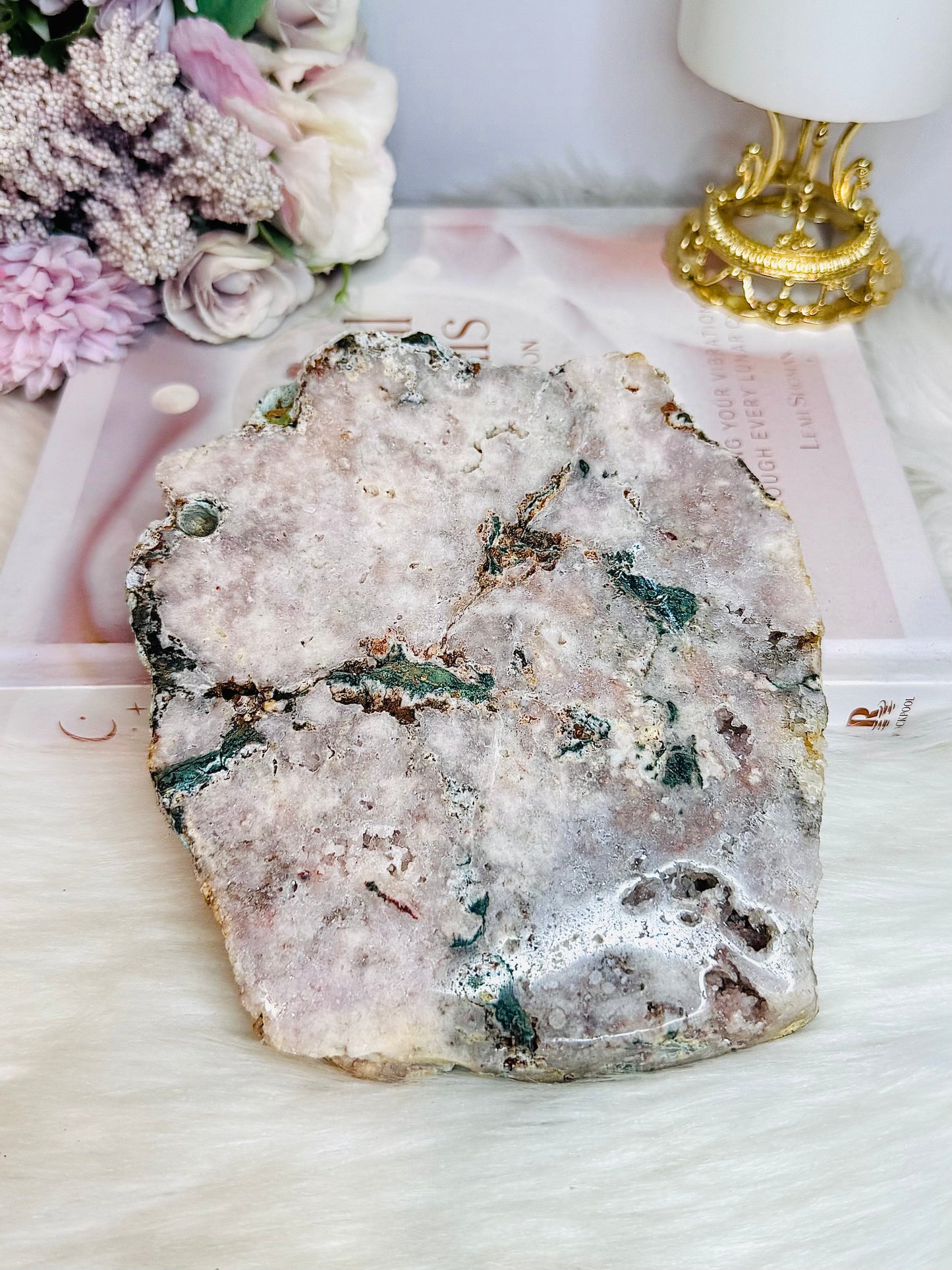 Large Pink Amethyst Natural Slab with Green Jasper Inclusions 16cm 665g