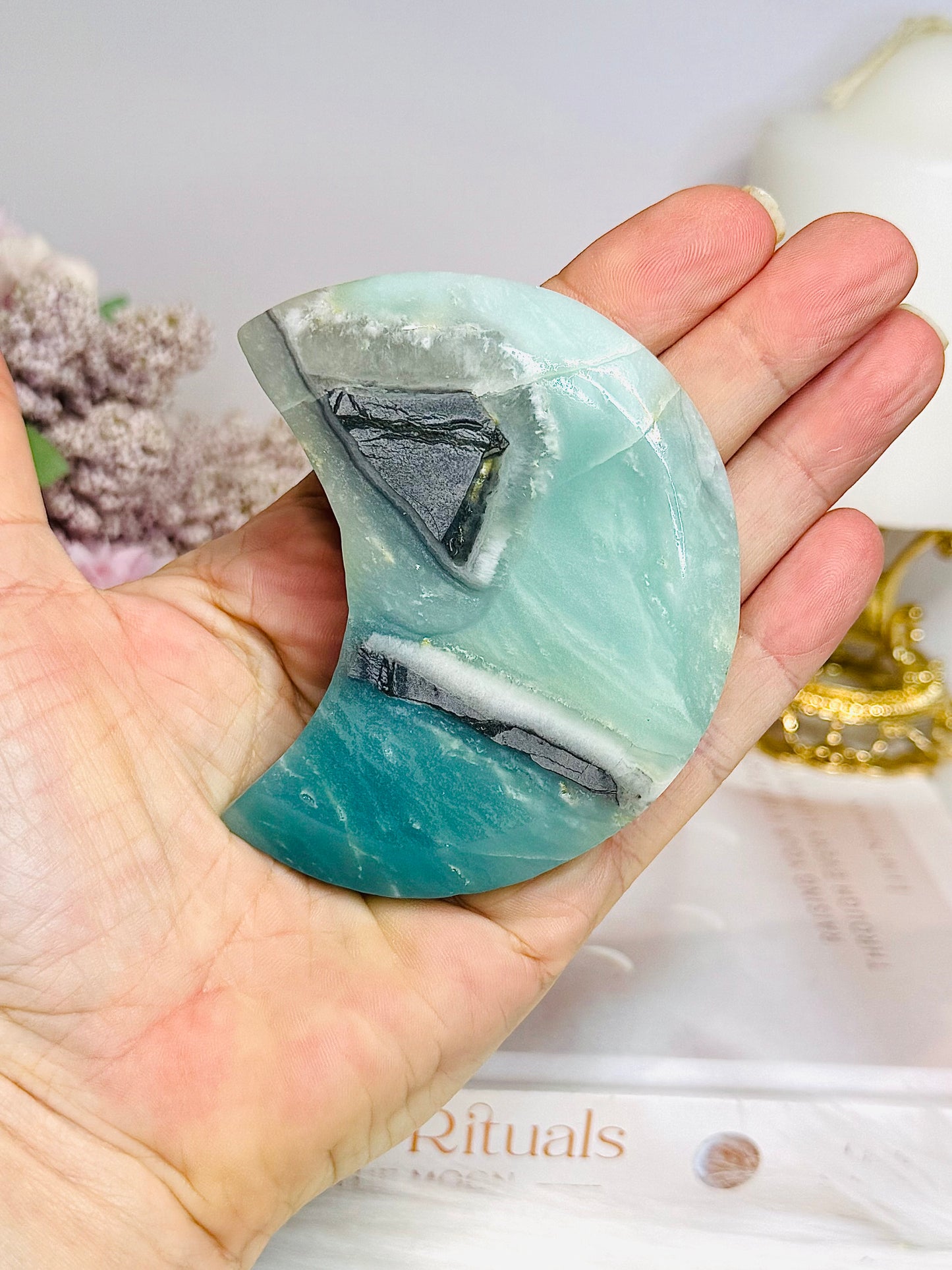Sky Blue Quartz Carved Moon On Stand 8cm
