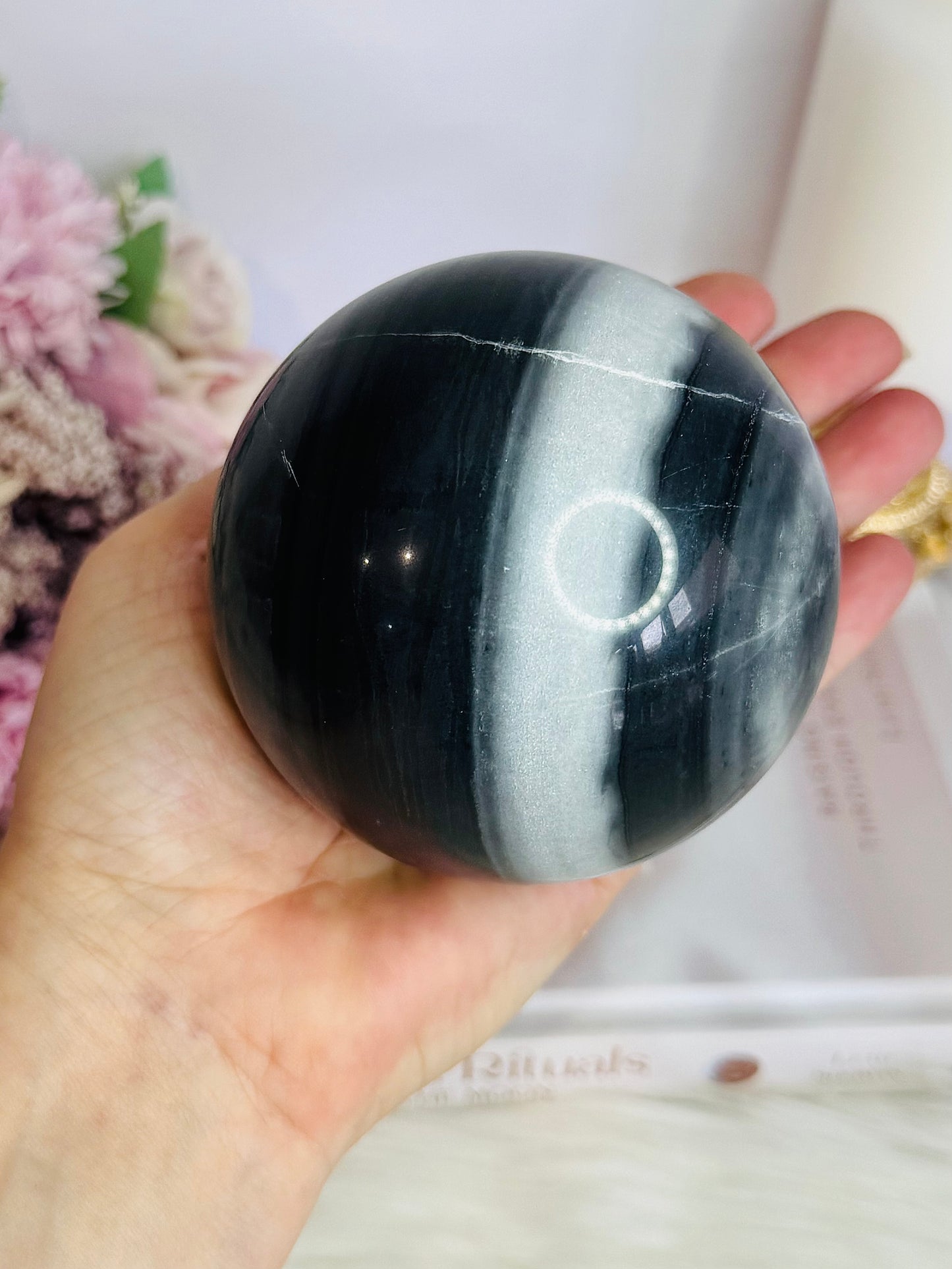 Natural Large Tai Chi Stone (White Quartz & Black Jasper) Sphere On Stand 895grams