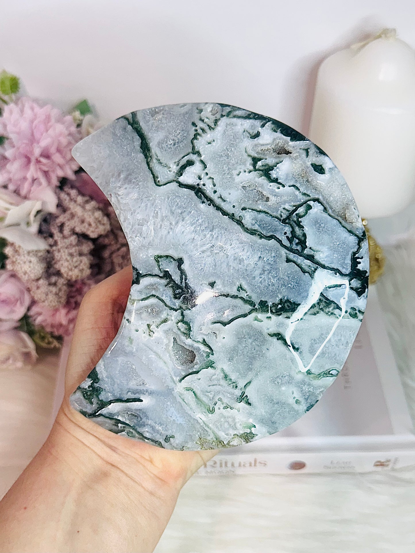 Huge Moss Agate Druzy Carved Moon On Stand 22cm