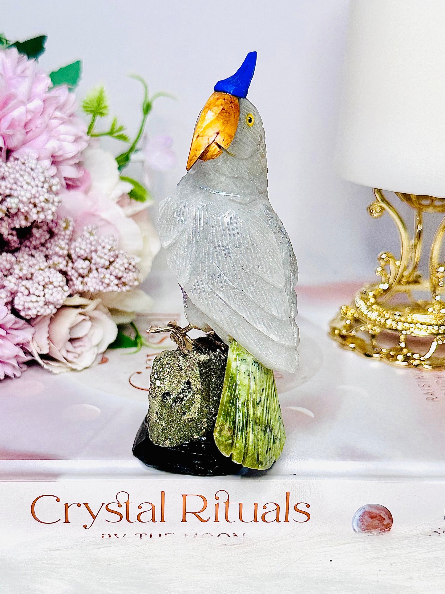 Large 11.5cm Jade Carved Parrot | Bird On Pyrite Stand From Brazil