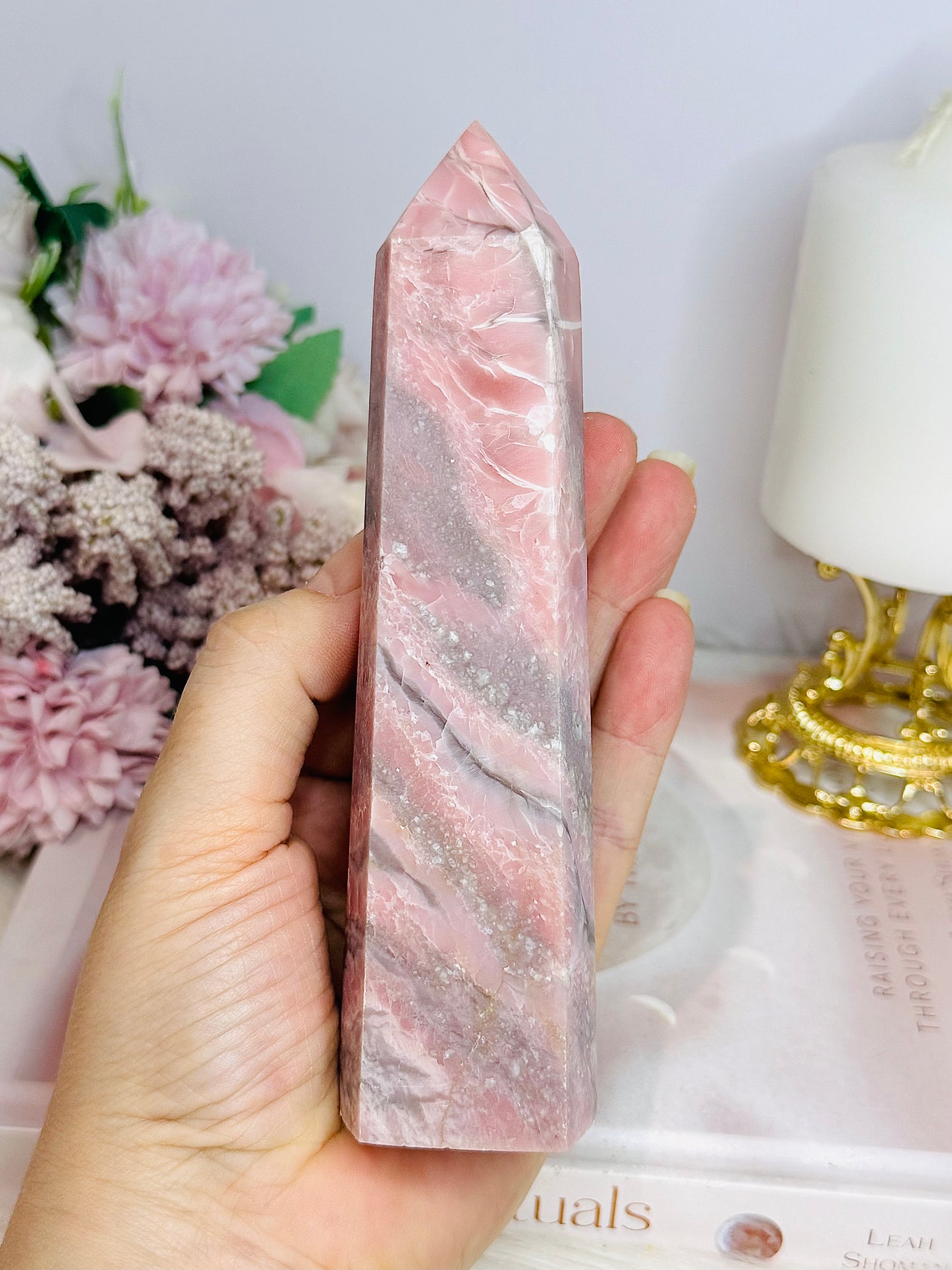 Natural Pink Opal Carved Tower 15cm