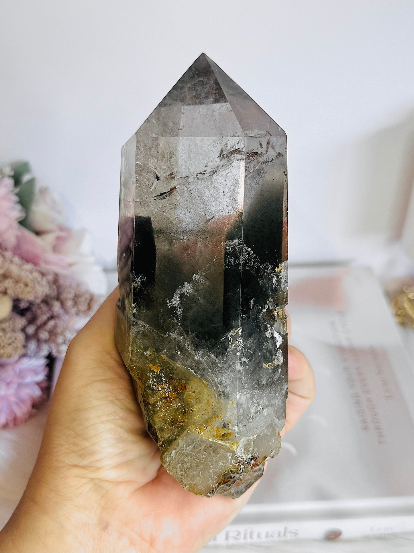 Stunning Large Garden Quartz | Lodolite Tower on Timber Base 938grams 27cm