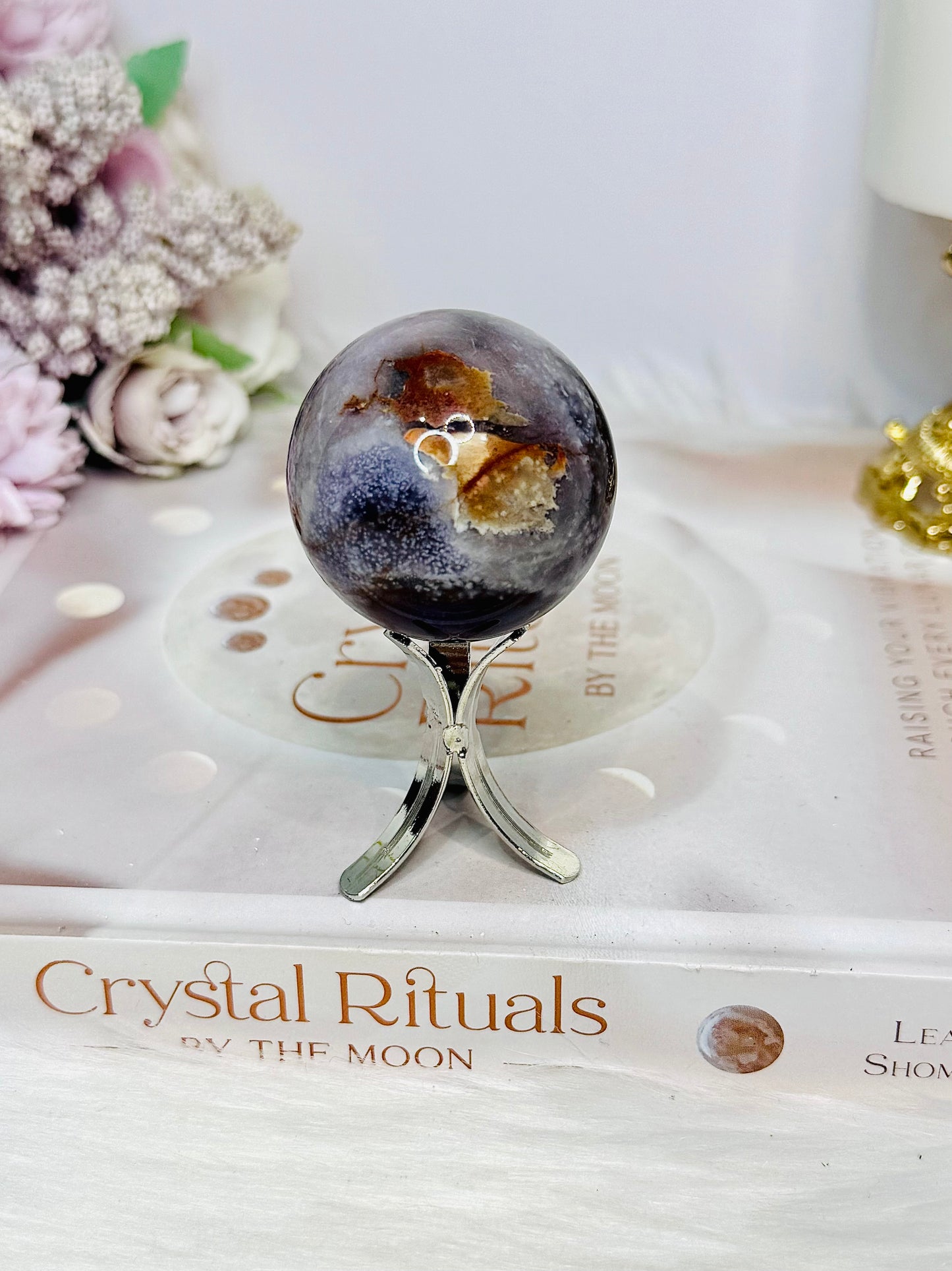 Blue Flower Agate Sphere on Stand 102g