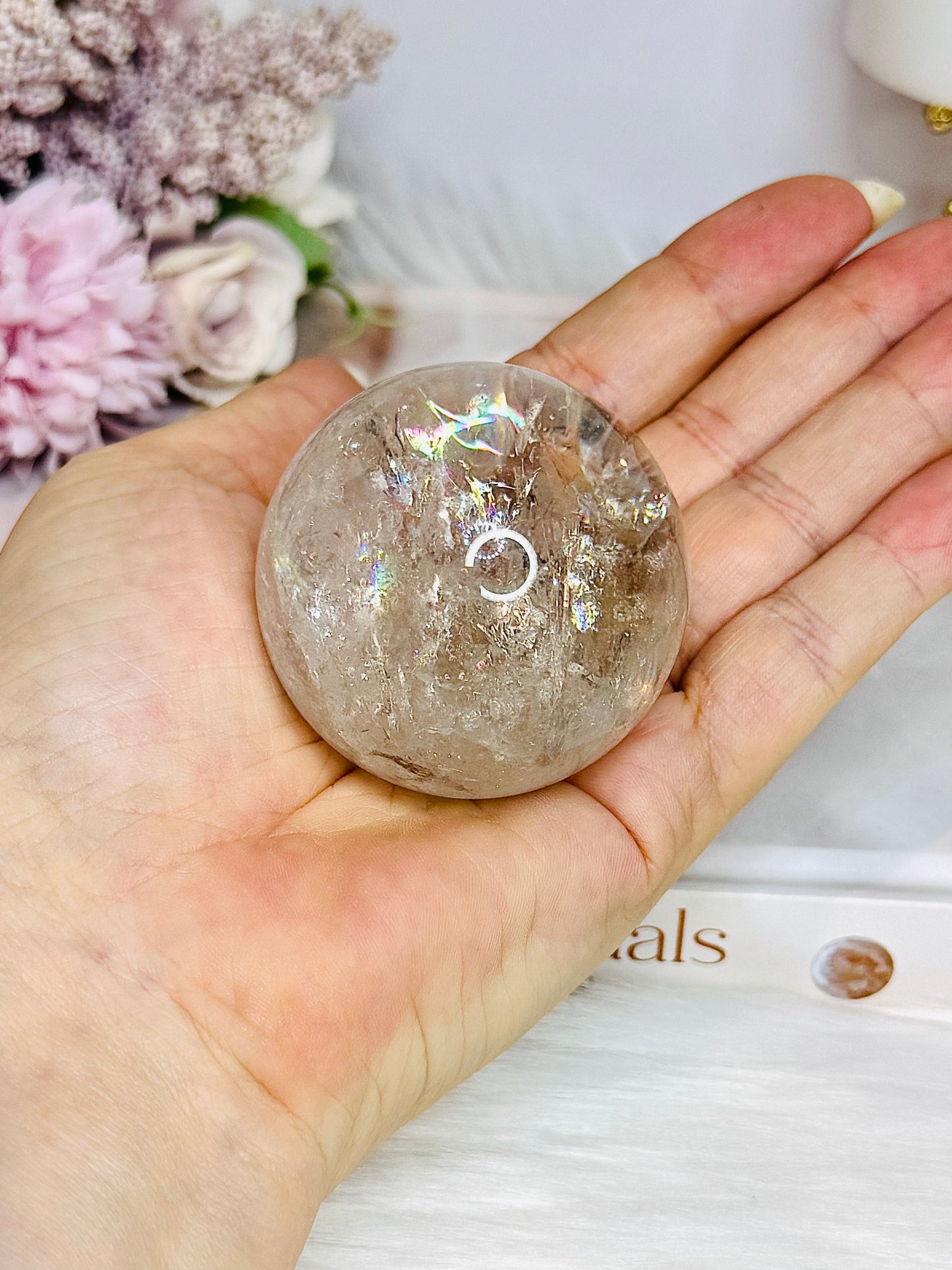 High Grade Light Smokey Quartz Sphere with Rainbows on Stand 186g