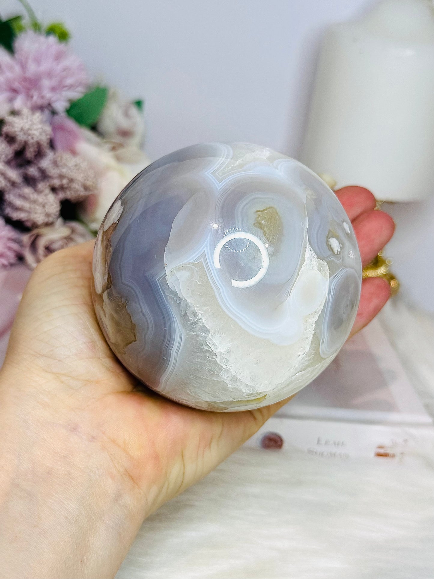 Large Flower Agate Sphere On Stand 848g