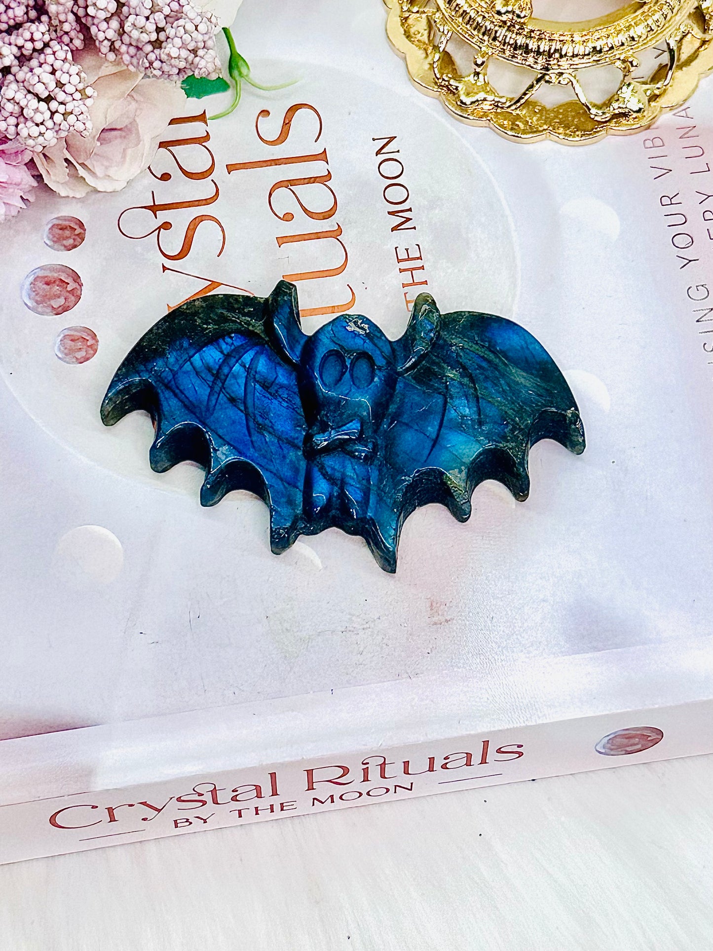 Beautifully Carved Labradorite Halloween Bat Full of Blue Flash